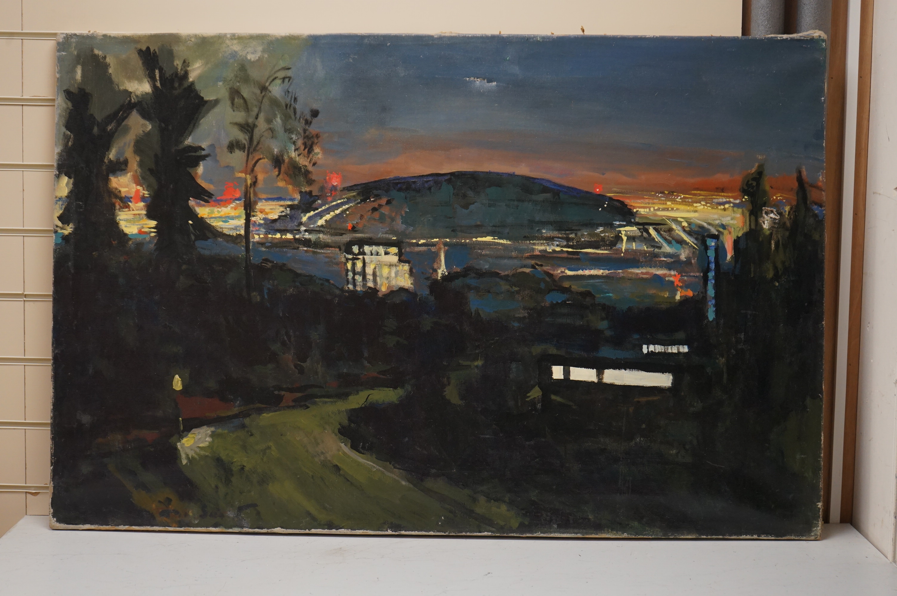 Pierre Sicard (French, 1900-1980), oil on canvas, Los Angeles at Night 1955, unsigned, label verso, 75 x 115cm, unframed. Condition - fair, damage to top centre of the canvas